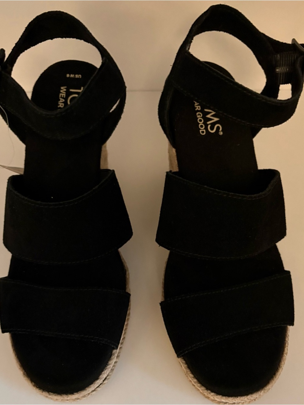 TOMS Black Suede Espadrille Wedge Sandals with Ankle Strap - Picture 5 of 10
